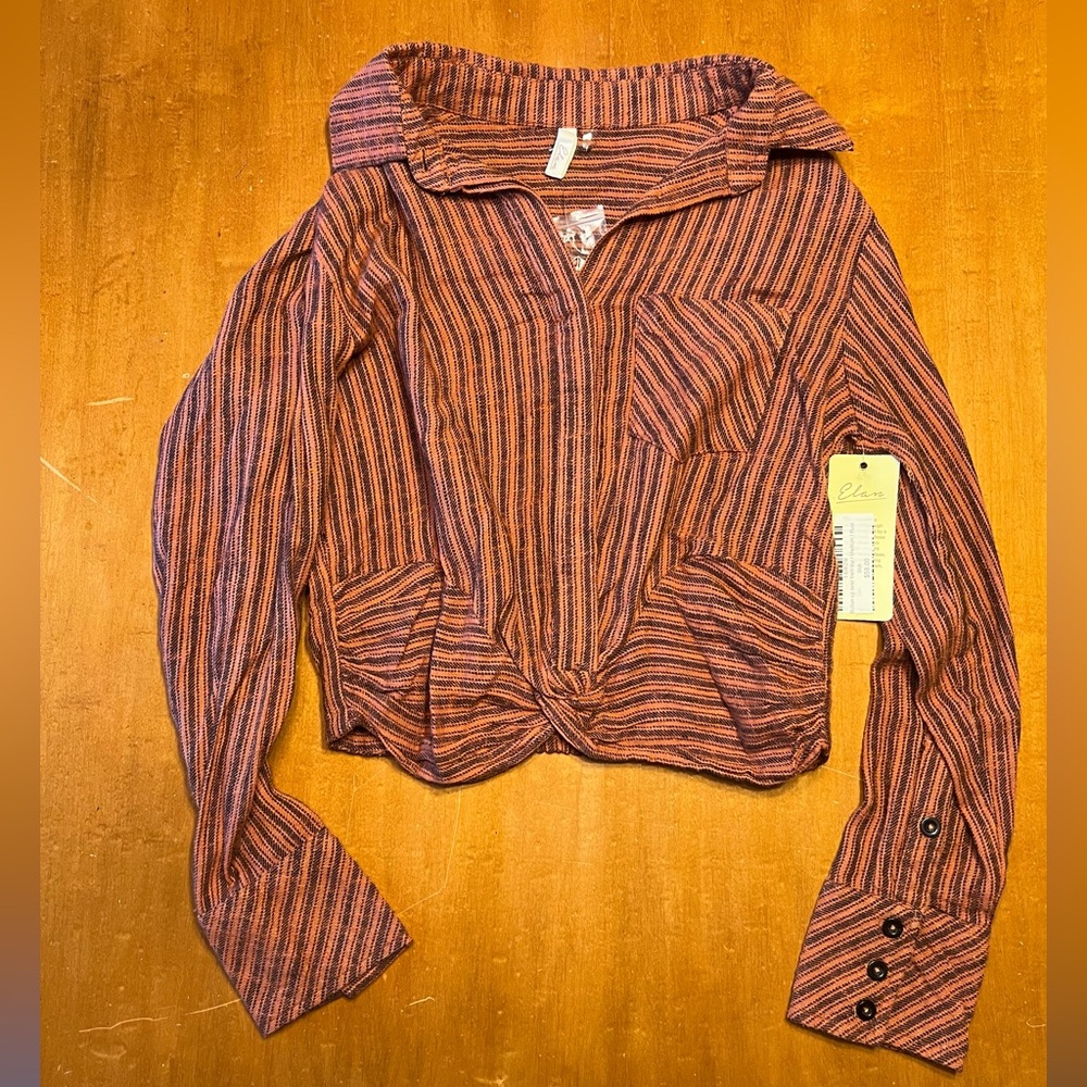 Elan Rust Button-Up Cropped Shirt